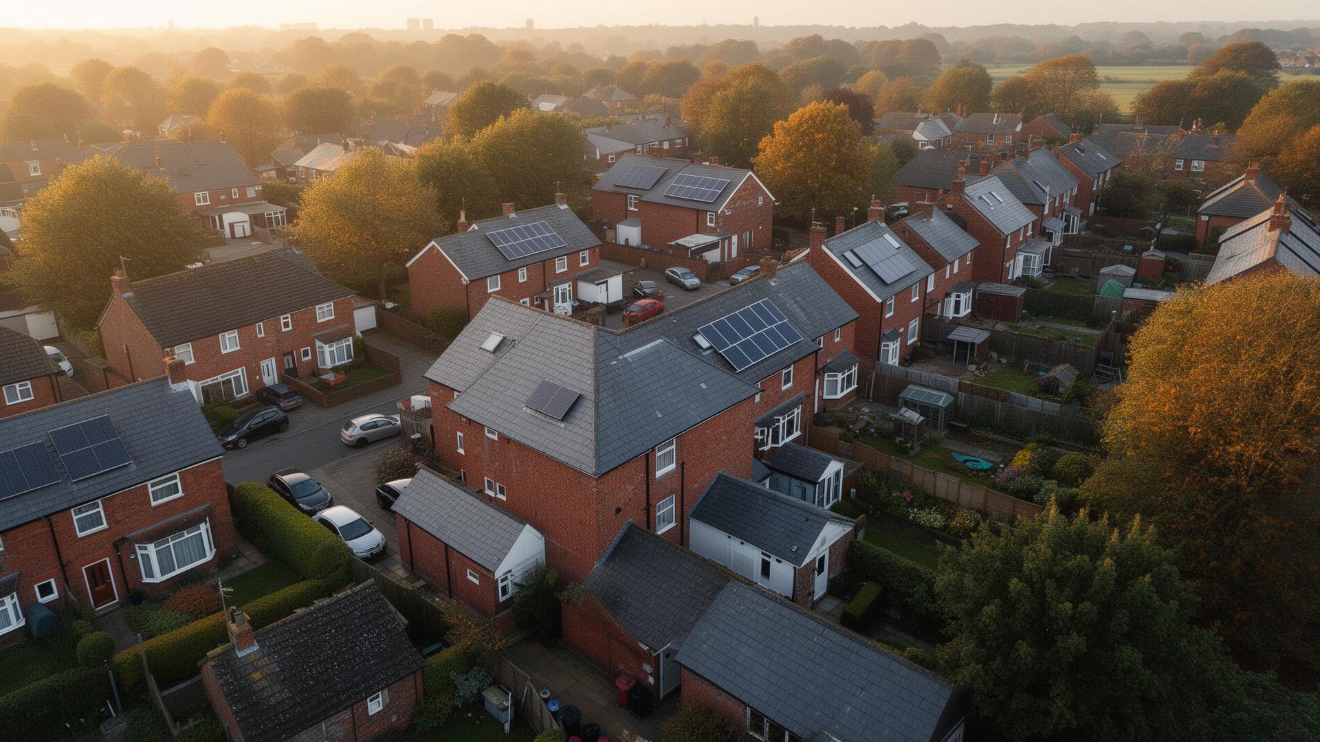 Aerial view of a calm British suburban street at golden hour, with a few rooftops carrying solar panels.